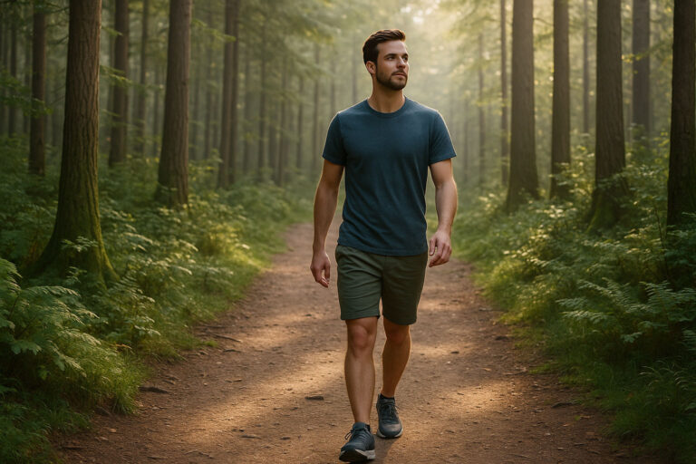 Mann geht entspannt im Wald spazieren als Teil seiner Bewegungsroutine – Human Code