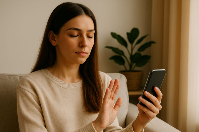 Junge Frau sitzt auf dem Sofa, hält ein Smartphone in der Hand und hebt die Hand zur Stop-Geste – Symbol für Digital Detox und bewusste Pausen von der Erreichbarkeit.