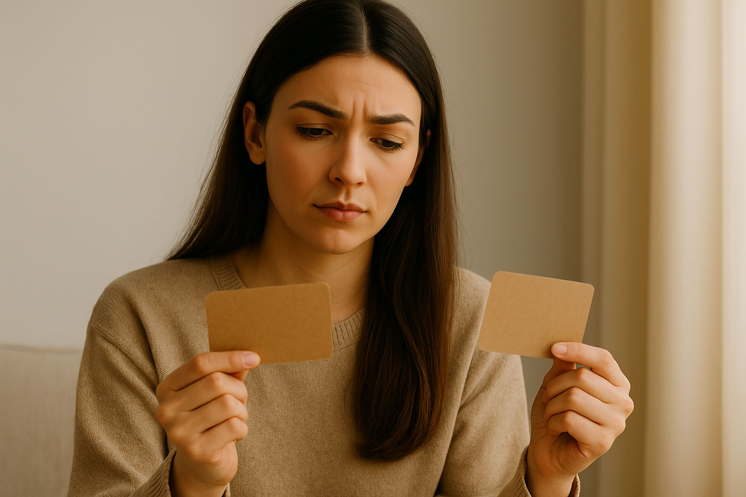 Junge Frau sitzt nachdenklich mit Notizbuch am Tisch und trifft eine Entscheidung – Symbol für Grübeln stoppen und Klarheit finden.