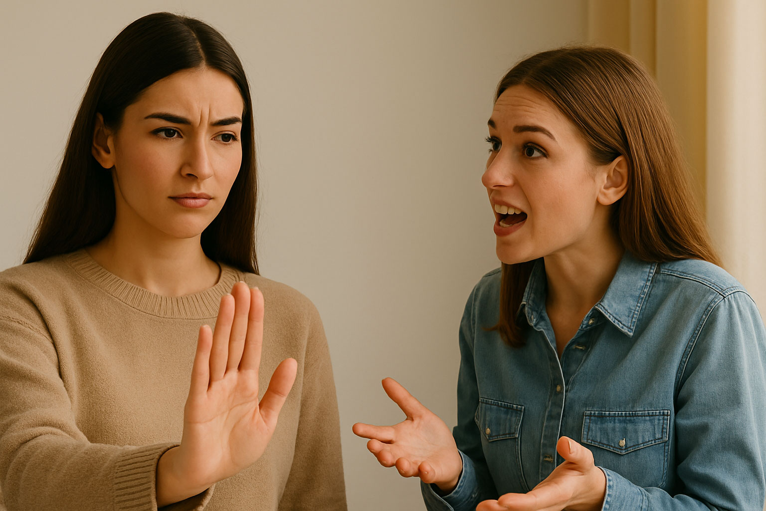 Junge Frau hebt die Hand in Stop-Geste, während eine andere Frau sie gestikulierend anspricht – Symbolbild für Grenzen setzen und Nein sagen.