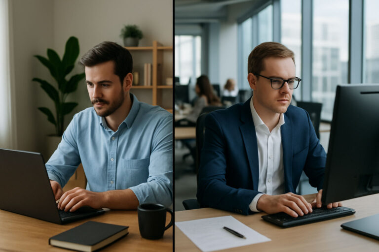 Geteiltes Bild zeigt links einen Mann im Homeoffice und rechts einen Mann im Büro an modernen Schreibtischen.