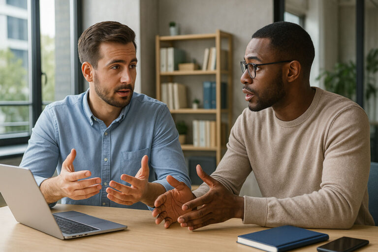 Zwei Kollegen führen ein konstruktives Gespräch am Schreibtisch in einem modernen Büro.