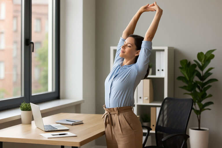 Frau streckt sich in einem modernen Büro während einer kurzen Micro-Break-Pause mit Tageslicht und Pflanzen im Hintergrund.