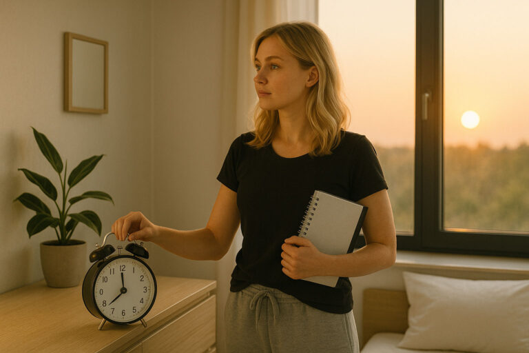 Blonde Frau startet mit der 20/20/20-Regel von Robin Sharma in den Tag – Morgenroutine bei Sonnenaufgang