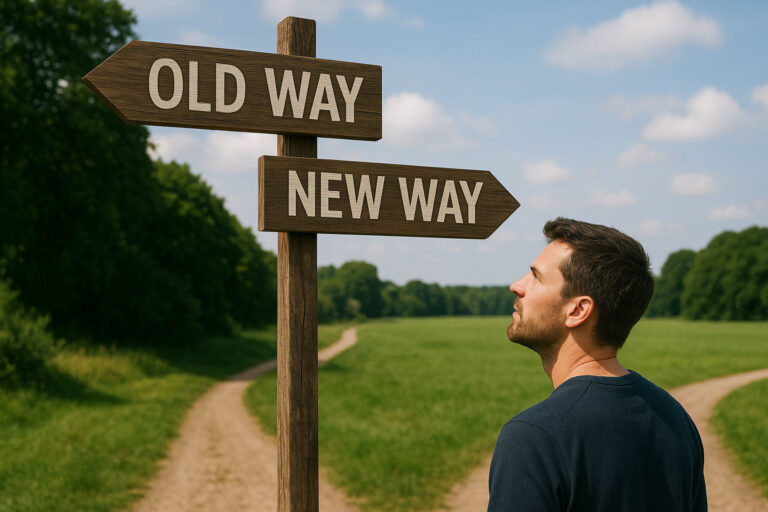 Ein Mann steht an einer Weggabelung vor einem Schild mit den Aufschriften „Old Way“ und „New Way“ und blickt nachdenklich darauf.
