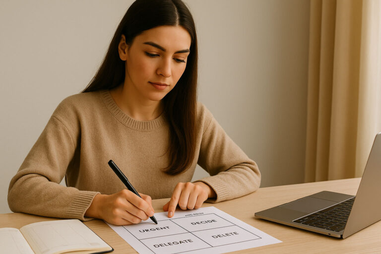 Junge Frau arbeitet konzentriert mit Stift und Papier an einer Eisenhower-Matrix zur Priorisierung von Aufgaben.