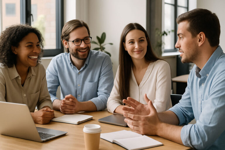 Vier Kollegen in einem modernen Büro sitzen an einem Tisch, lachen und führen ein vertrauensvolles Gespräch.