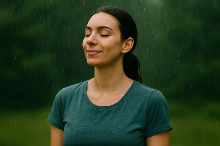 Eine junge Frau steht entspannt im Regen, mit geschlossenen Augen – Symbol für Achtsamkeit, Selbstfürsorge und emotionale Balance.