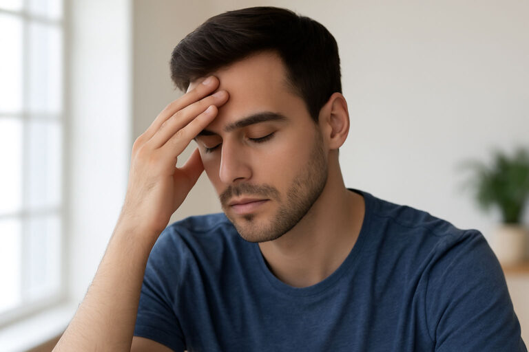 Junger Mann sitzt ruhig im Sonnenlicht und blickt hoffnungsvoll in die Ferne – Symbol für Reframing und positive Gedanken.
