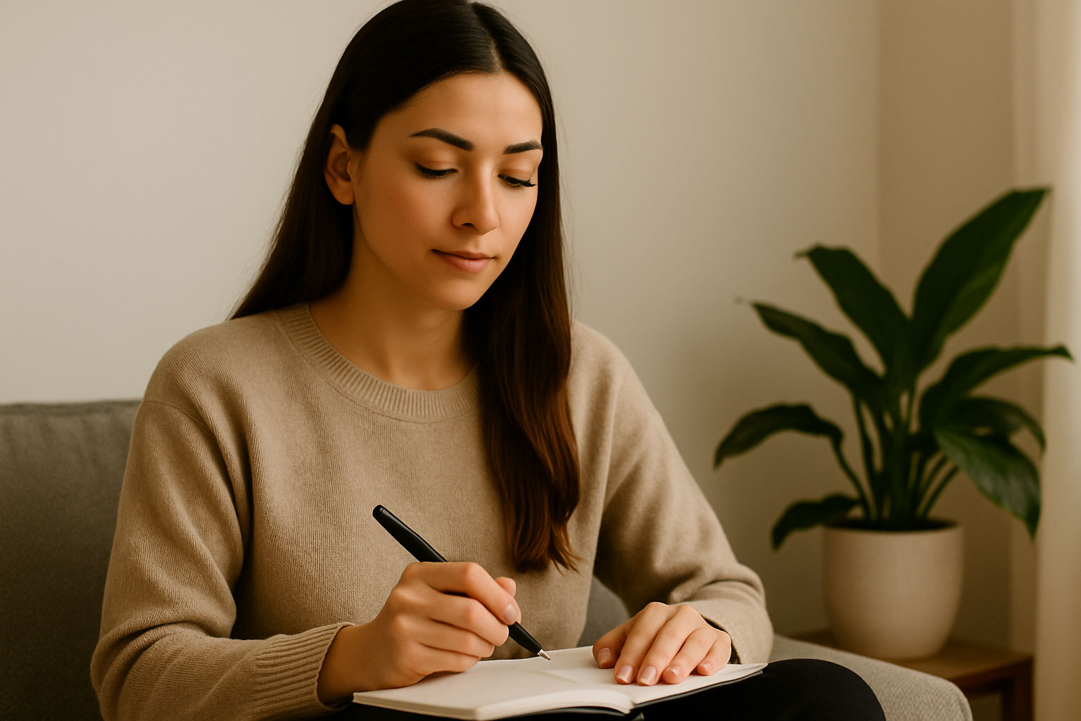 Junge Frau sitzt entspannt auf einem Sofa und schreibt konzentriert in ein Notizbuch – Symbol für Selbstdisziplin und Fokus.