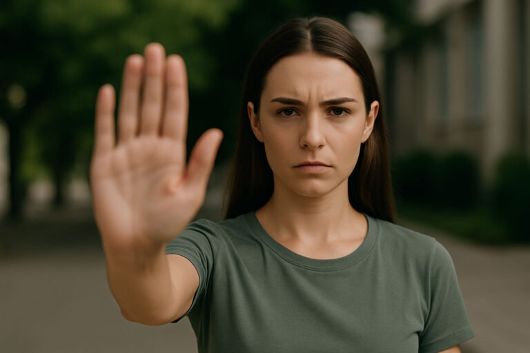 Junge Frau mit erhobener Hand in Stopp-Geste – Symbol für Achtsamkeit, Selbstregulation und emotionale Kontrolle