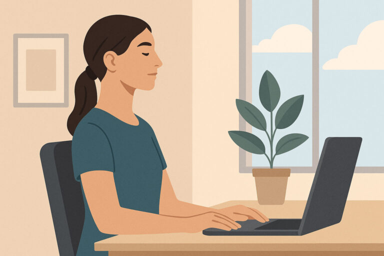 llustration einer Person mit aufrechter, würdevoller Haltung an einem modernen Arbeitsplatz mit natürlichem Licht – Symbol für Stressreduktion und mentale Resilienz.