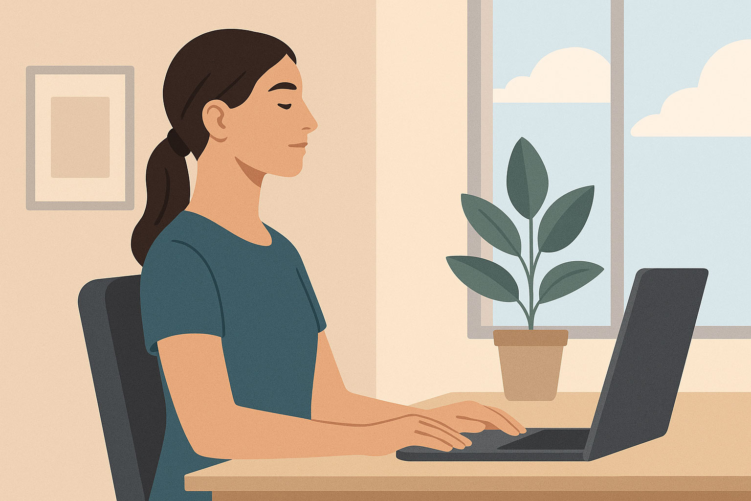 llustration einer Person mit aufrechter, würdevoller Haltung an einem modernen Arbeitsplatz mit natürlichem Licht – Symbol für Stressreduktion und mentale Resilienz.