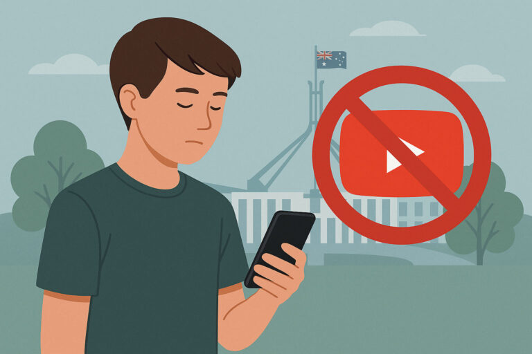 Ein Jugendlicher blickt auf sein Smartphone, daneben ein durchgestrichenes YouTube-Logo vor dem australischen Parlament – Symbol für das geplante Social-Media- und YouTube-Verbot für Unter-16-Jährige.