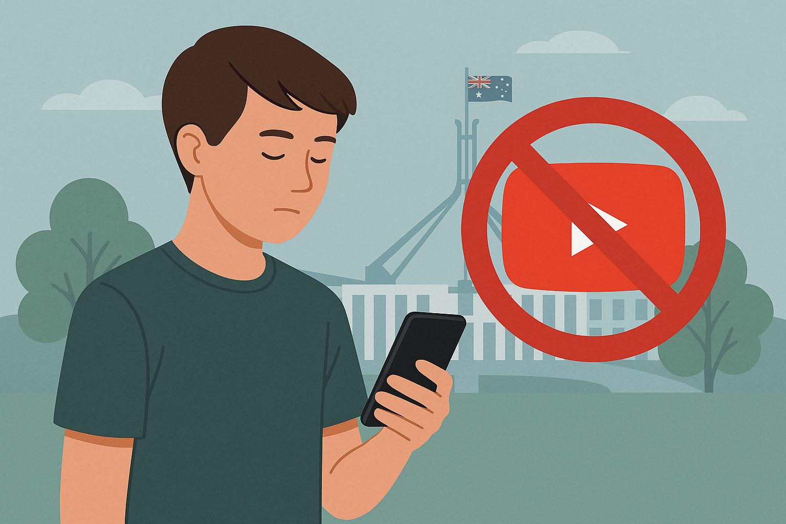 Ein Jugendlicher blickt auf sein Smartphone, daneben ein durchgestrichenes YouTube-Logo vor dem australischen Parlament – Symbol für das geplante Social-Media- und YouTube-Verbot für Unter-16-Jährige.