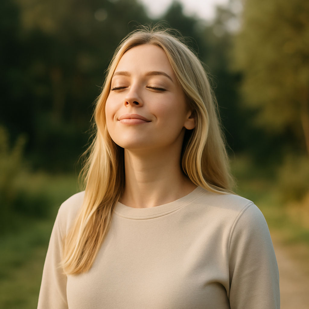 Junge Frau schließt entspannt die Augen und genießt die Ruhe in der Natur – Symbol für Digital Detox und innere Balance
