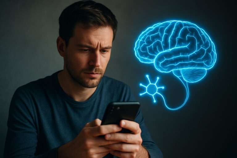 Digital Detox Illustration – Dopaminwirkung im Gehirn durch Smartphone-Nutzung