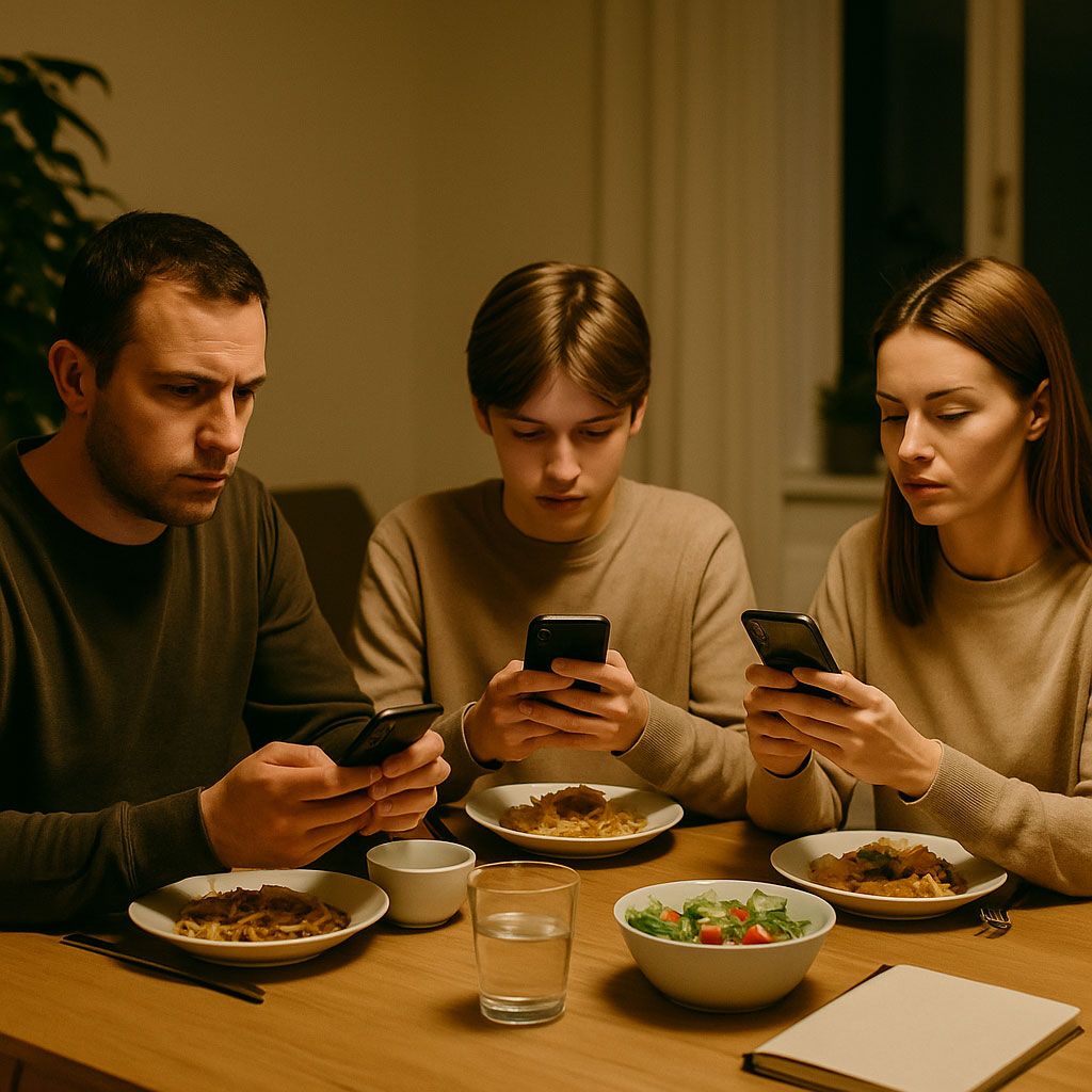 Familie beim Abendessen, alle starren auf ihre Smartphones statt miteinander zu reden