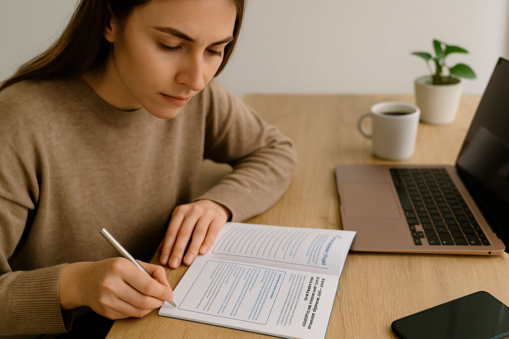 Eine junge Frau schreibt konzentriert in den „14-Tage Digital Detox Plan“. Das offene Arbeitsbuch mit Tagesaufgabe und Notizenseite zeigt, wie Theorie in konkrete Umsetzungsschritte verwandelt wird – für mehr Fokus und innere Ruhe.