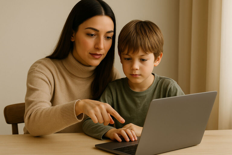 Mutter sitzt mit ihrem Sohn am Tisch und schaut gemeinsam auf einen Laptop – Symbol für digitale Medienerziehung und begleitete Internetnutzung.