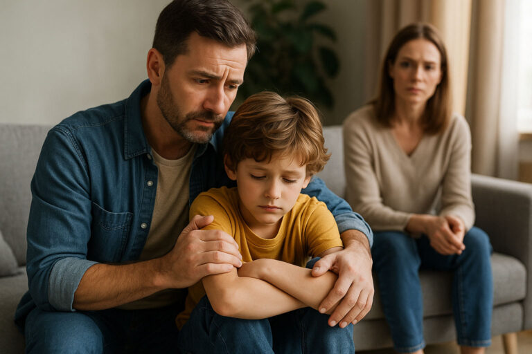 Vater tröstet seinen traurigen Sohn nach Trennung, Mutter sitzt im Hintergrund – Symbol für Resilienzförderung bei Kindern