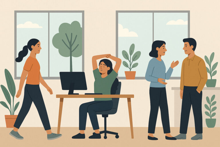 Illustration eines modernen, hellen Büros mit großen Fenstern, Pflanzen und Mitarbeitenden, die eine Bewegungspause machen – Symbol für eine gesunde Unternehmenskultur.