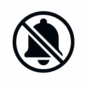 Schwarzes Icon eines Smartphones mit durchgestrichenem Glockensymbol, Symbol für das Ausschalten von Push-Benachrichtigungen im digitalen Minimalismus.