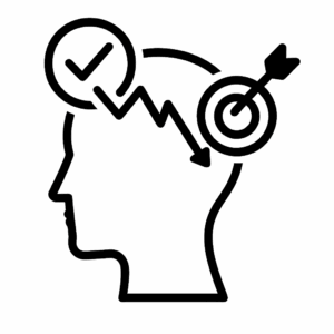 Schwarzes Icon eines Kopfes mit Zielscheibe und fehlgeleitetem Pfeil – Darstellung für Fokusverlust und Ablenkung im Alltag.