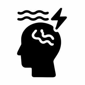 Schwarzes Icon eines Kopfes mit Wellenlinien und Blitz – Darstellung für innere Unruhe, Nervosität und Stress im Alltag.