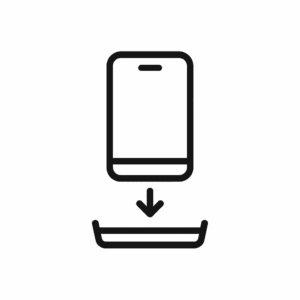 Schwarzes Icon eines Smartphones mit Pfeil in eine Ablage, Symbol für festen „Parkplatz“ des Handys zur Reduzierung von Ablenkungen.