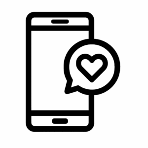 Schwarzes Icon eines Smartphones mit Herz-Symbol, Symbol für bewusste und achtsame Social-Media-Nutzung im digitalen Minimalismus.