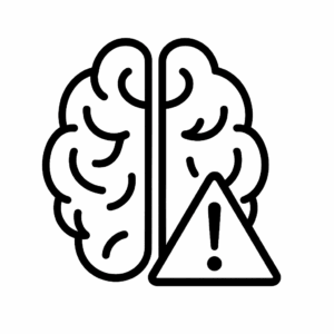 Icon Gehirn mit Warnsymbol – Symbol für Stress und innere Unruhe durch digitale Überlastung.