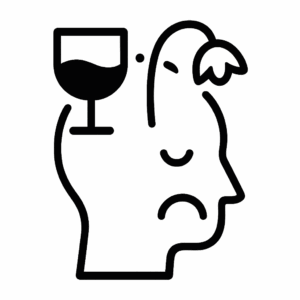 Schwarzes Icon eines Kopfes mit traurigem Gesicht und Symbolen für Verlust von Freude – Darstellung für weniger echte Freude im Dopamin Detox.