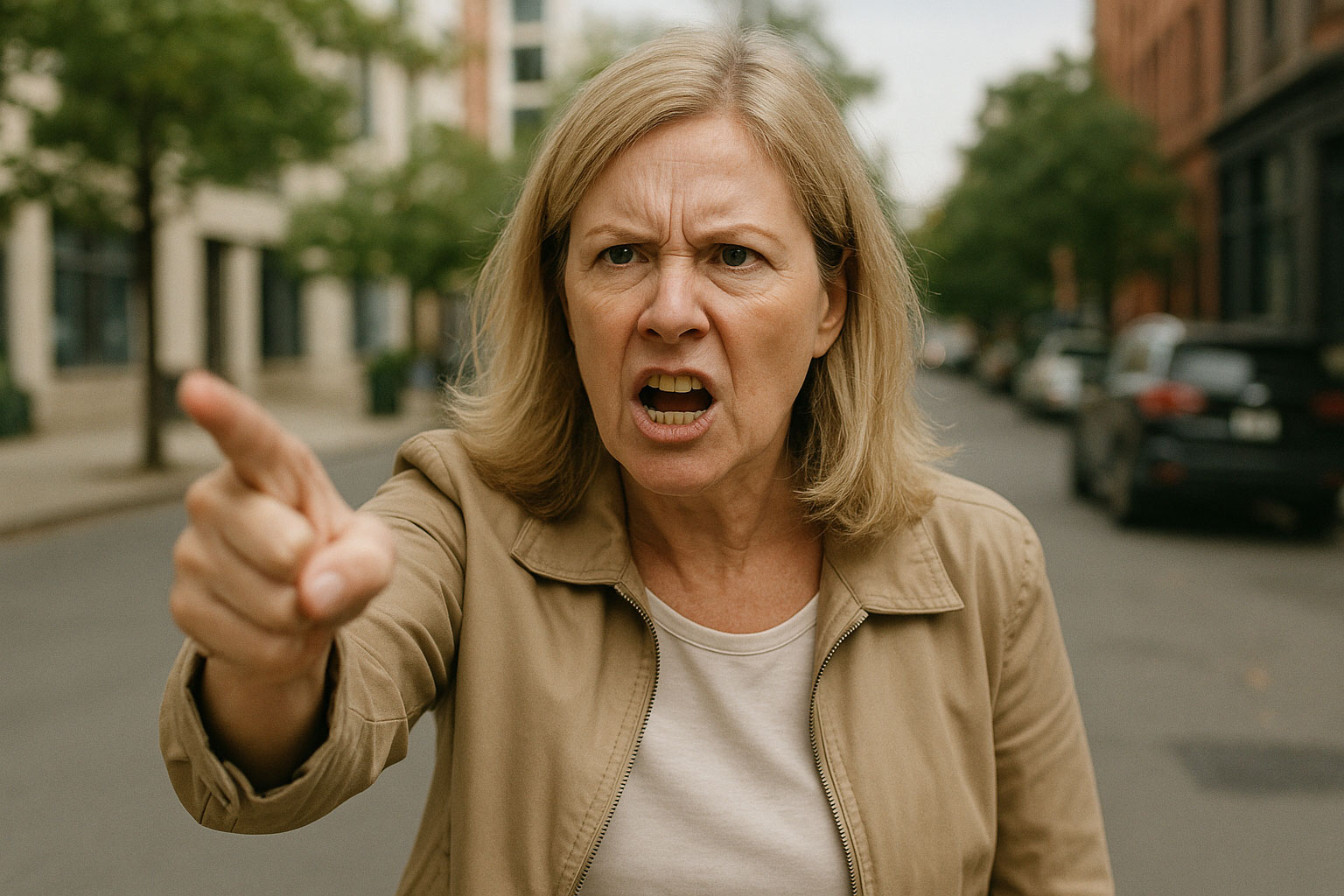 Mittelalte Frau in urbaner Umgebung, zeigt aggressiv mit dem Finger, Symbol für das Karen-Phänomen und privilegiertes Verhalten, thematisiert in Human Code.