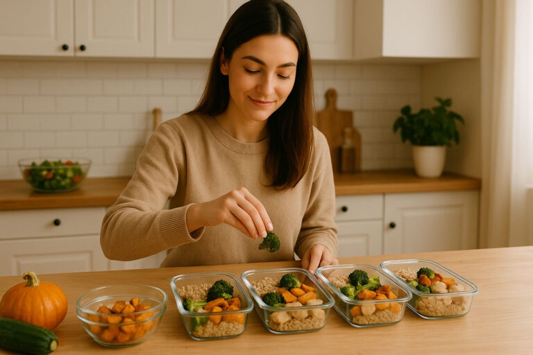 Blonde Frau bereitet in einer Küche mehrere Schalen mit gesundem Essen für Meal Prep vor.