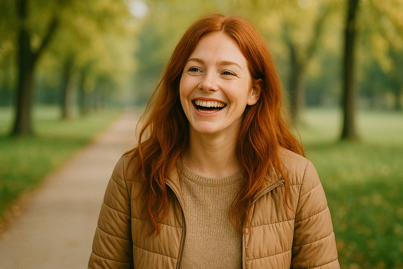 Lachende rothaarige Frau steht draußen in der Natur und symbolisiert Leichtigkeit und positive Veränderung durch Micro-Habits.