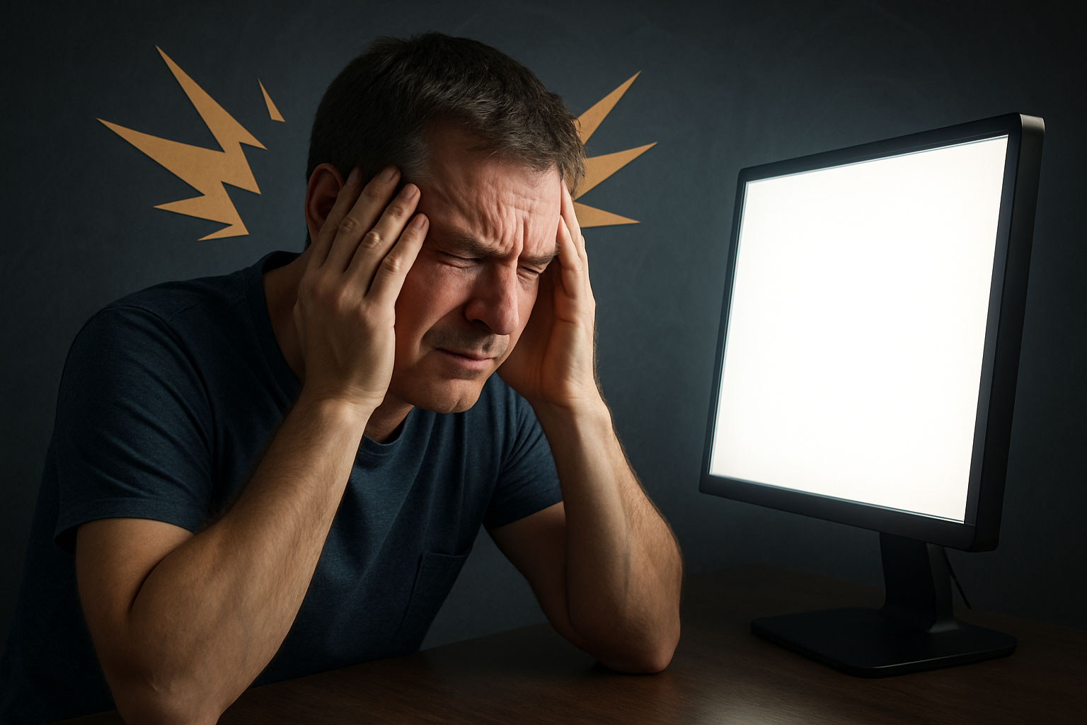 Mann mit Kopfschmerzen vor grell leuchtendem Monitor, Darstellung der Belastung durch blauhaltiges Bildschirmlicht