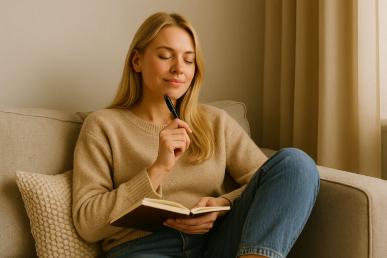 Blonde Frau sitzt entspannt in einer Sofaecke und reflektiert ihre Woche – Symbol für Selbstreflexion und mentale Ruhe.