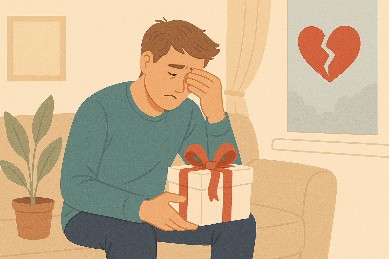 Illustration eines nachdenklichen Mannes, der auf einem Sofa sitzt und eine Geschenkbox in der Hand hält – Symbol für Selbstgeschenke nach einer Trennung.