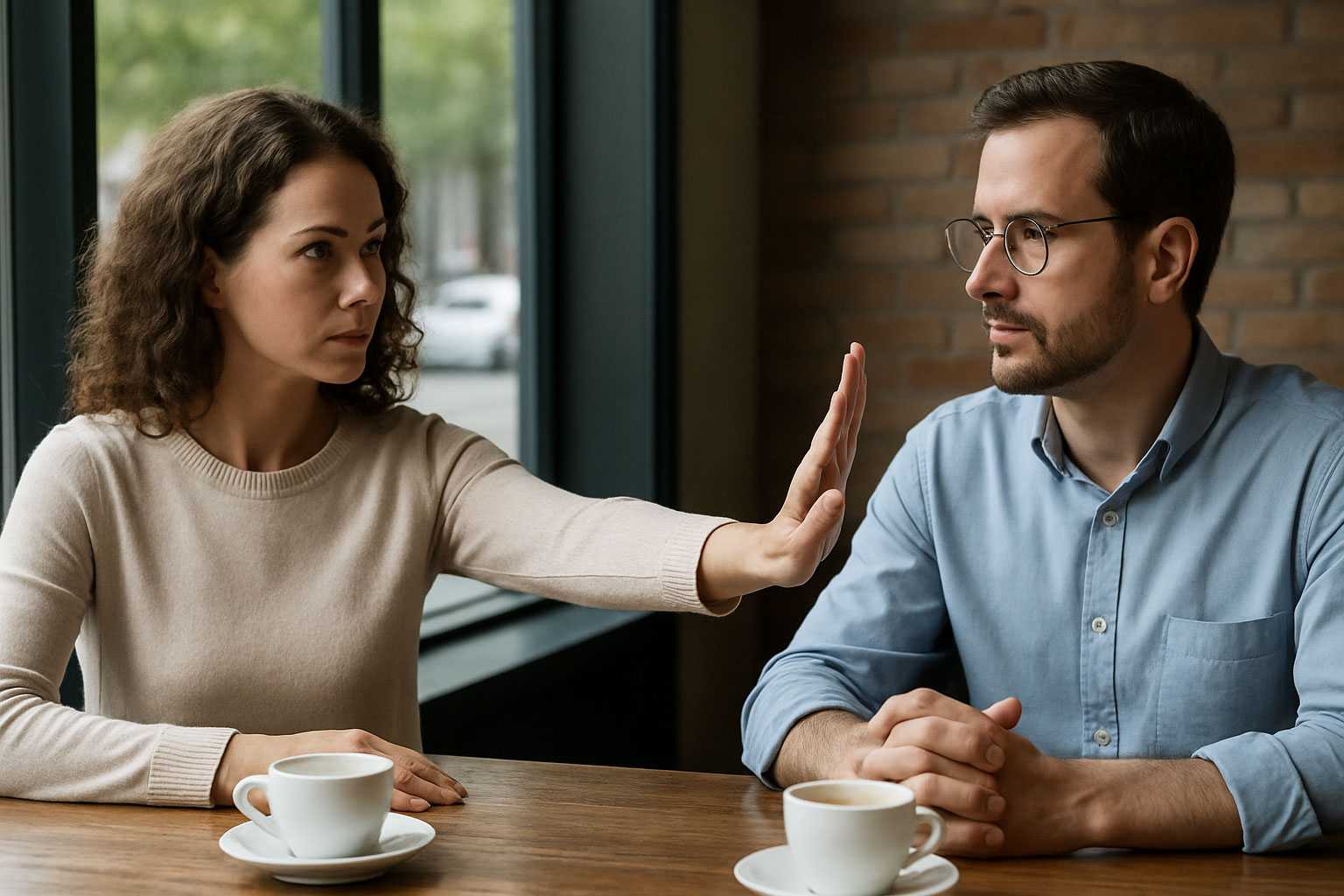 Frau fordert persönlichen Abstand ein, indem sie eine Armlänge Distanz mit ausgestreckter Hand signalisiert – Gespräch im Café.