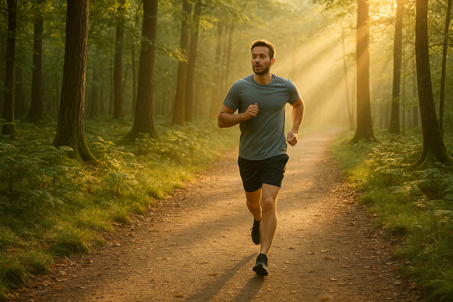 Mann joggt auf einem Waldweg im Sonnenlicht – Symbol für Bewegung, Energie und Balance