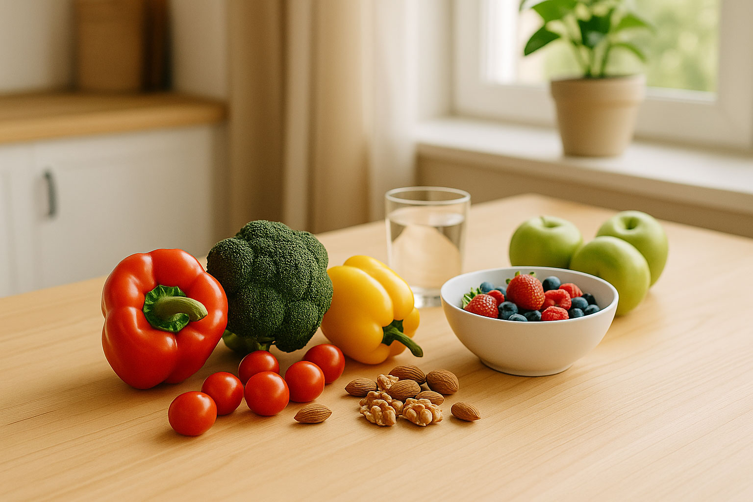 Frisches Obst, Gemüse und Nüsse auf einem Tisch – Symbol für gesunde Ernährung und Balance