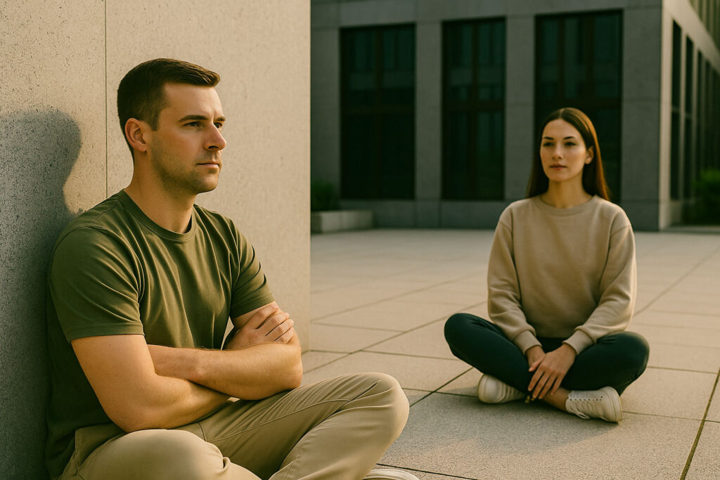 Zwei Personen in urbaner moderner Umgebung mit bewusstem Abstand – Symbol für Abschirmen, gesunde Grenzen und innere Stärke im Human Code Stil.