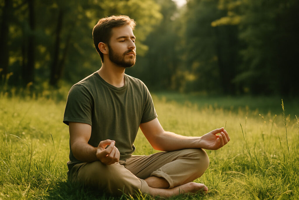 Junger Mensch sitzt achtsam auf einer Wiese und atmet bewusst in der Natur – Human Code Prinzip Atmung.