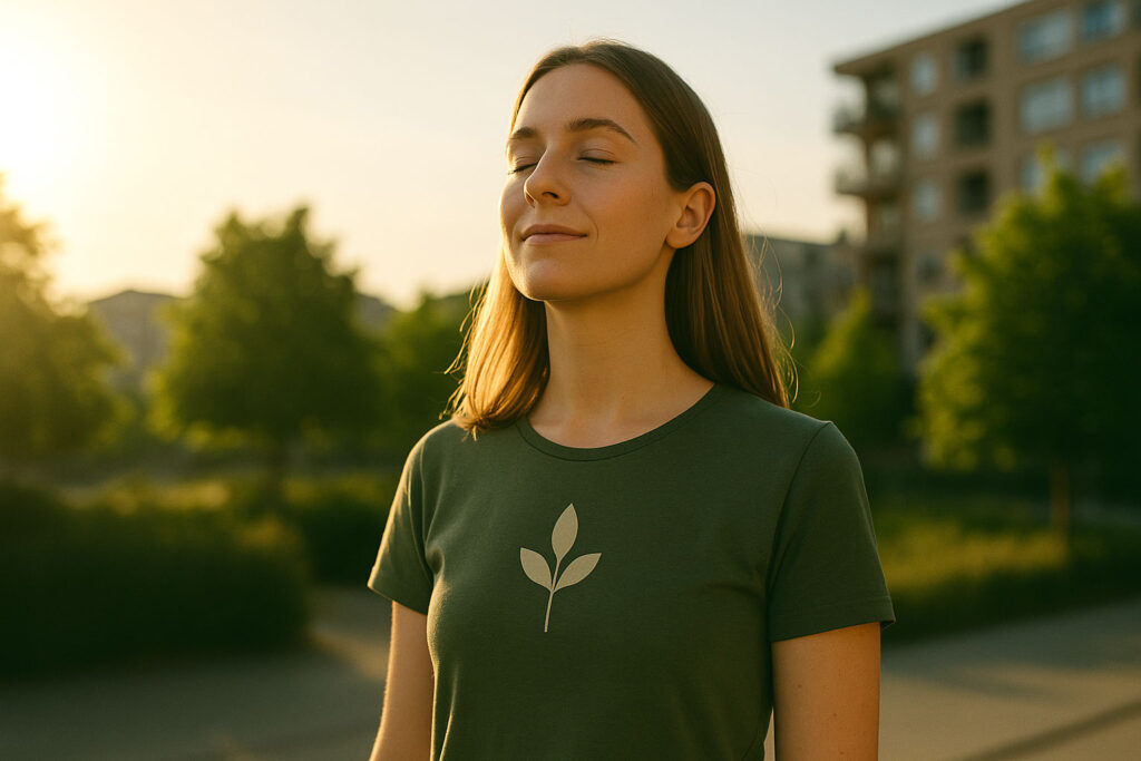 Frau steht im warmen Sonnenlicht mit geschlossenen Augen und entspanntem Gesichtsausdruck – Symbol für Lichtbalance, innere Ruhe und Energie im Human Code Stil.