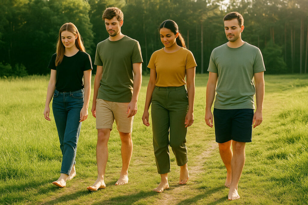 Gruppe junger Menschen geht barfuß durch eine sonnige Wiese – Symbol für Natur, Erdung, Balance und innere Ruhe im Human Code Stil.