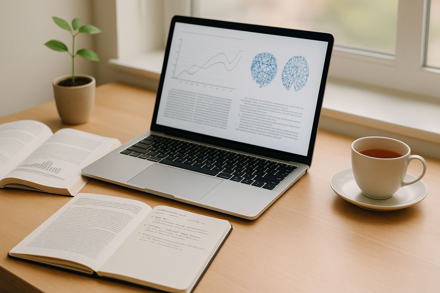 Schreibtisch mit Laptop, Büchern, Notizen, Tee und Pflanze – Symbol für Wissenschaft trifft Alltag