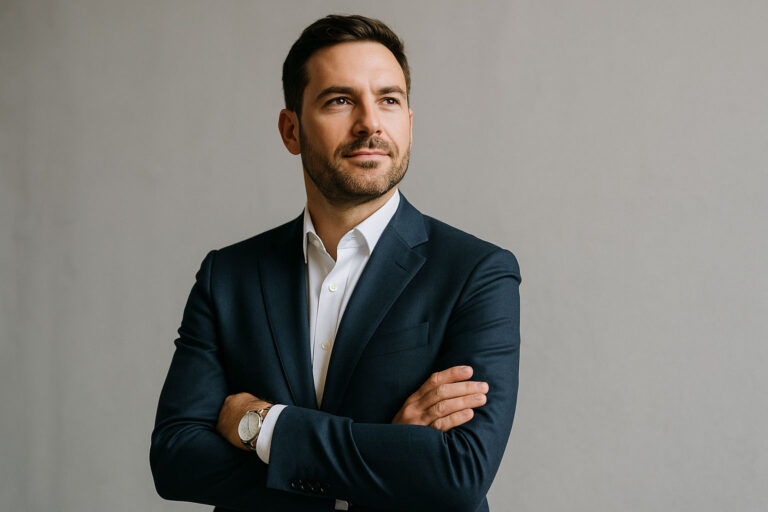 Selbstbewusster Mann im Anzug mit verschränkten Armen vor neutralem Hintergrund – Symbol für Selbstdarstellung, Machtwirkung und Abgrenzung.