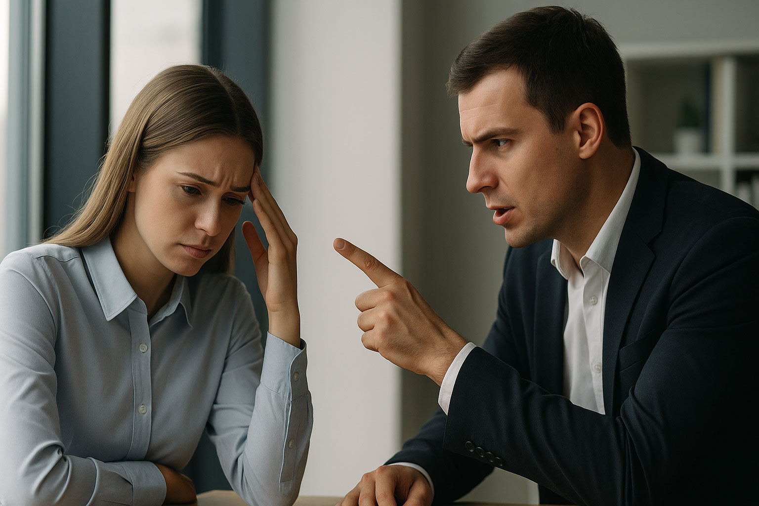 Chef kritisiert Mitarbeiterin hart – symbolische Darstellung toxischer Führung in modernen Büros