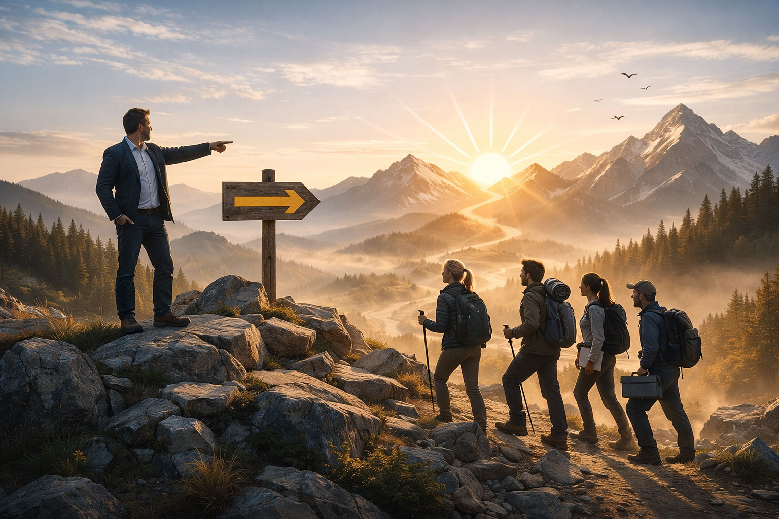 Vorbildhafte Führung: Eine Führungsperson zeigt einem Team den Weg in Richtung Zukunft und Verantwortung